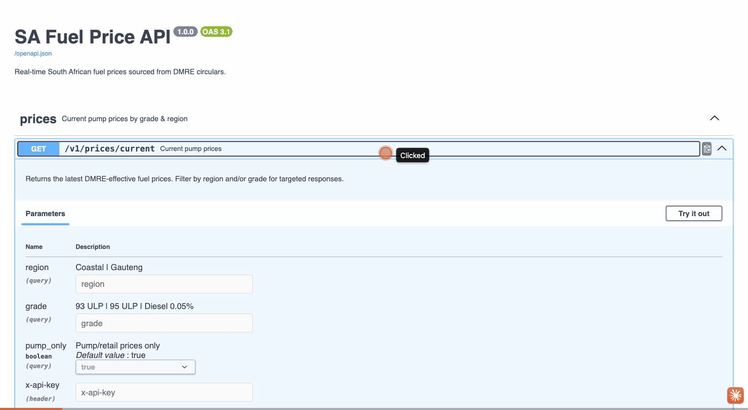 Screen recording of a GET /v1/prices/current request executed against the live production API via its interactive Swagger docs, returning a 200 response with current 93 ULP and 95 ULP prices for the Coastal and Gauteng zones.